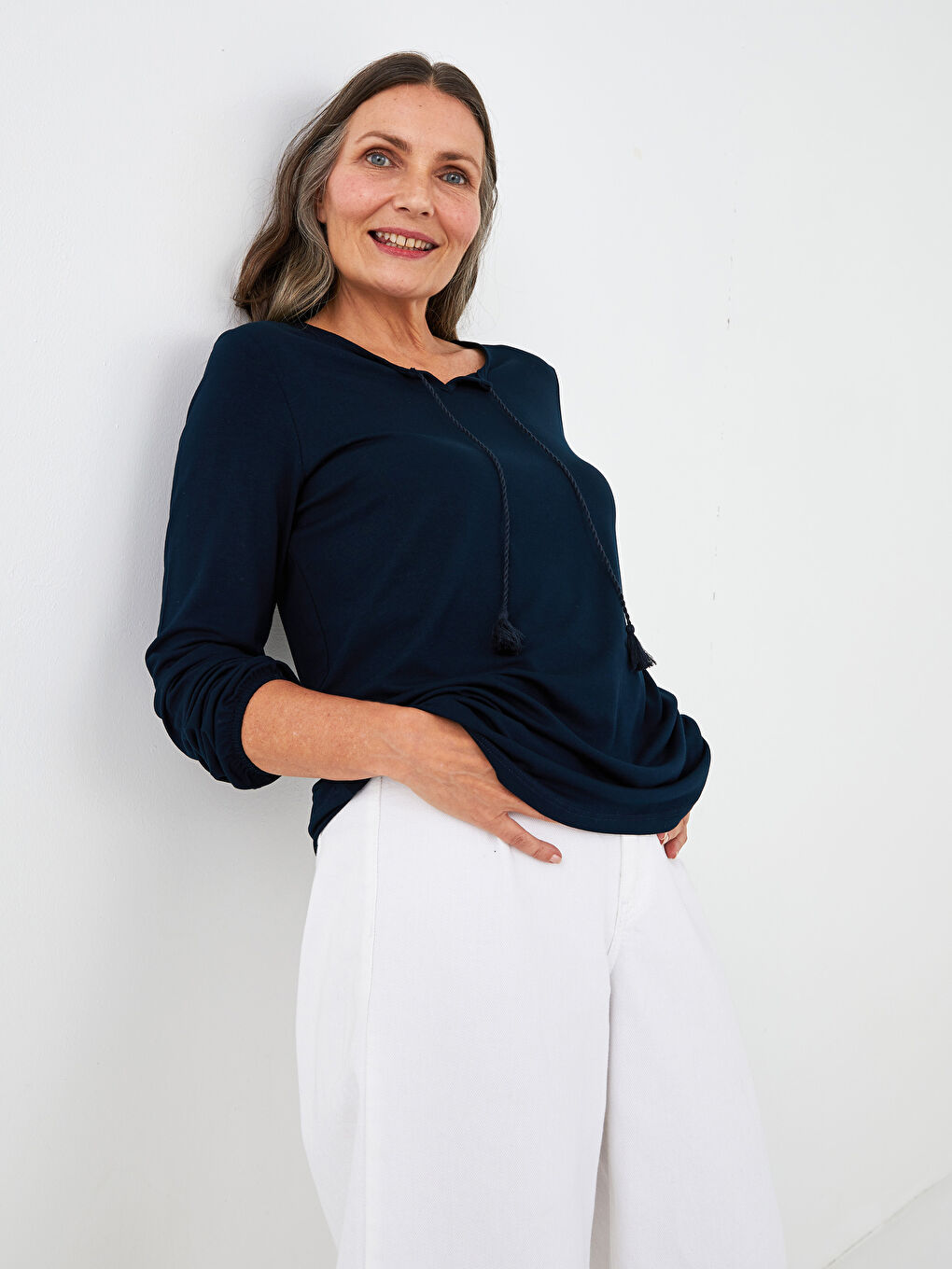 Tie Neck Plain Long Sleeve Women's Blouse-1