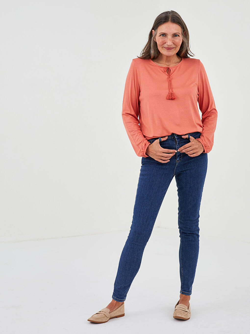 Tie Neck Plain Long Sleeve Women's Blouse-3