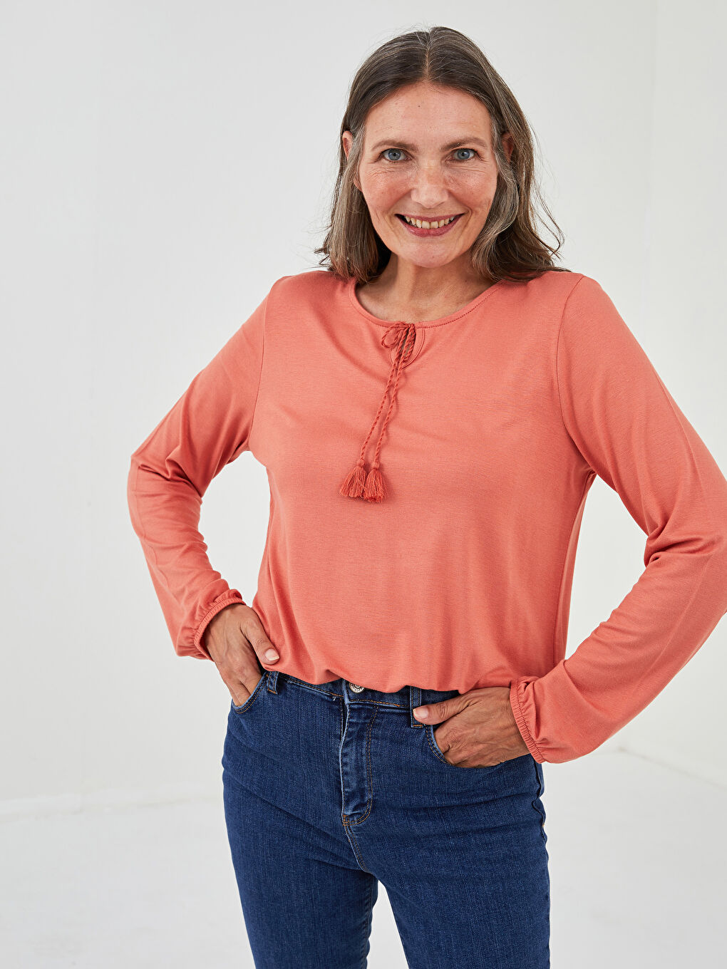 Tie Neck Plain Long Sleeve Women's Blouse