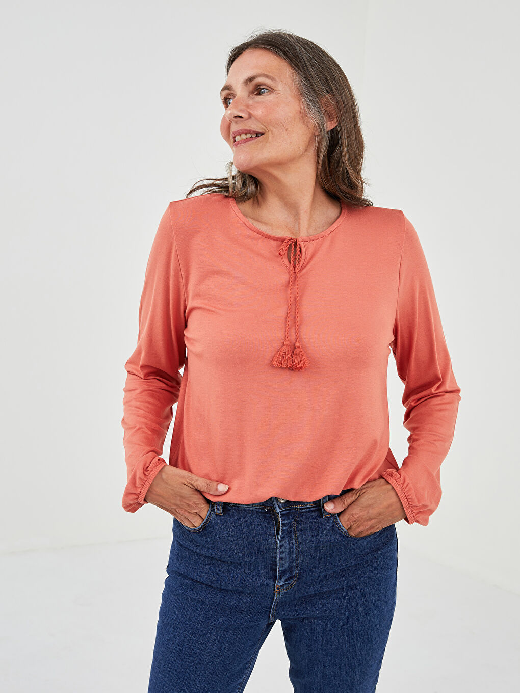 Tie Neck Plain Long Sleeve Women's Blouse-1