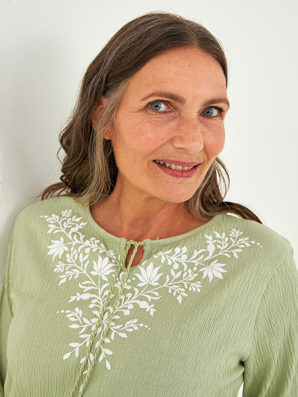 Tie Neck Printed Long Sleeve Women's Blouse-2