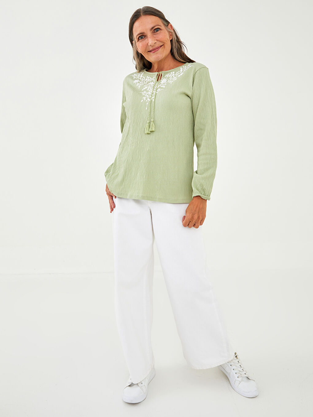 Tie Neck Printed Long Sleeve Women's Blouse-3