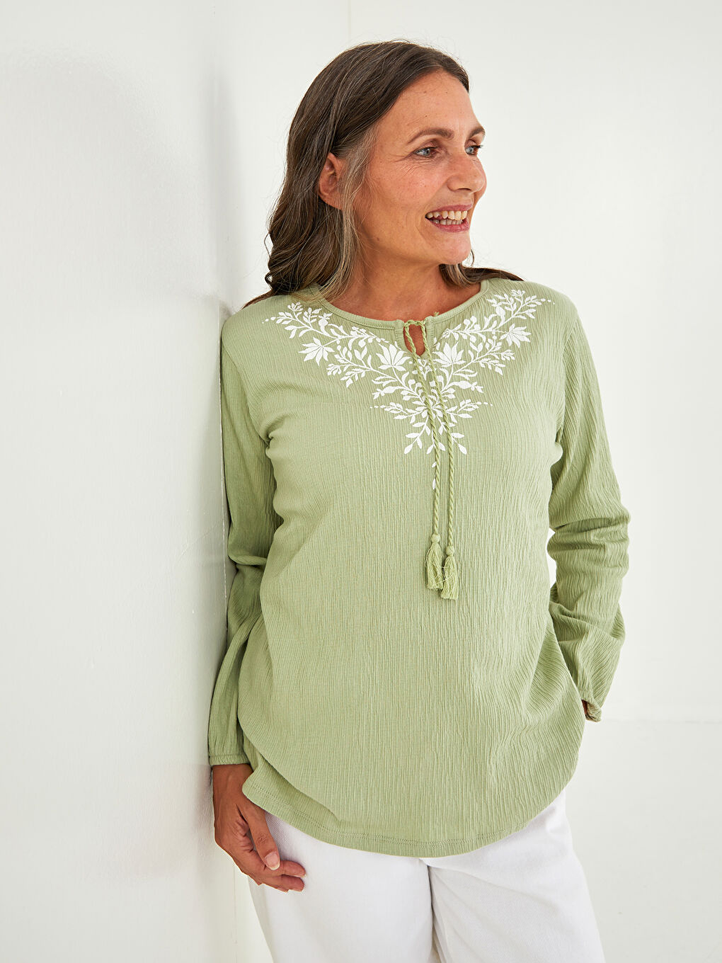 Tie Neck Printed Long Sleeve Women's Blouse