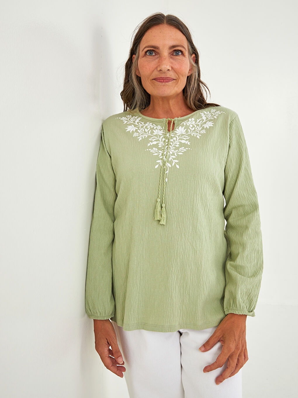 Tie Neck Printed Long Sleeve Women's Blouse-1