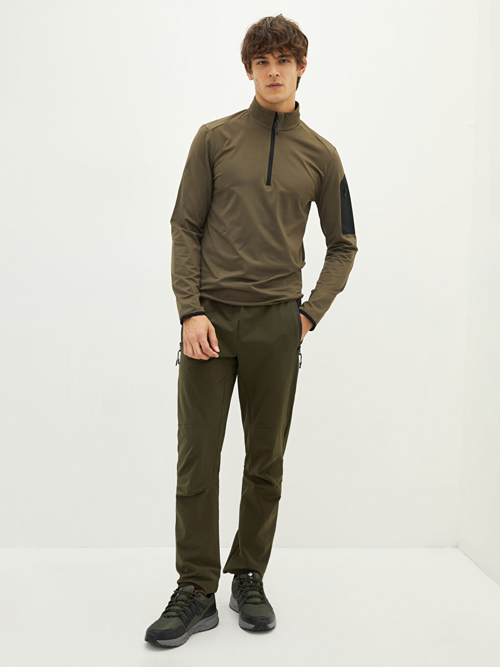 Haki Fermuarlı Dik Yaka Uzun Kollu Erkek Sweatshirt-3