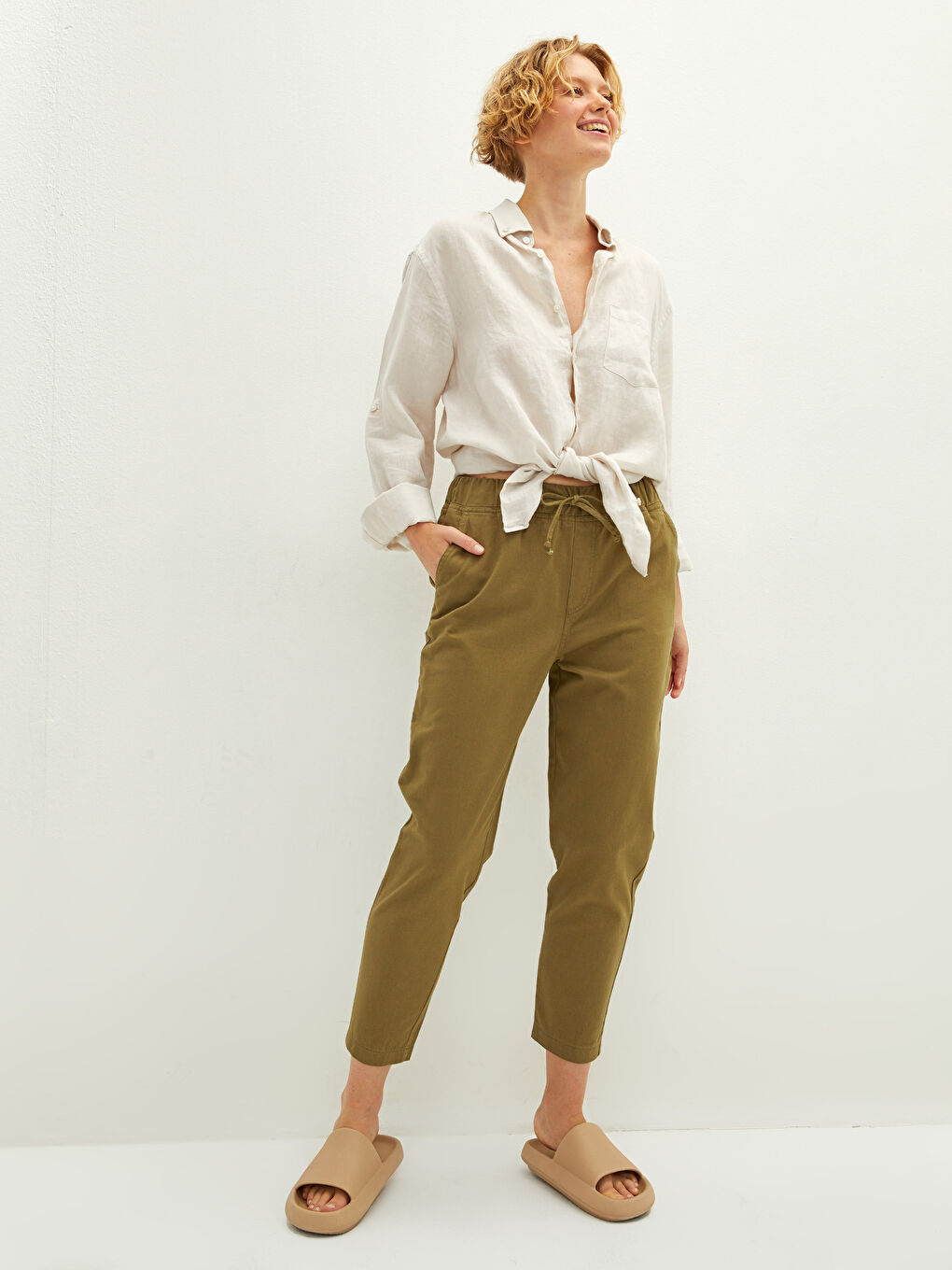 Elastic Waist Straight Pocket Detailed Cotton Women's Trousers-2