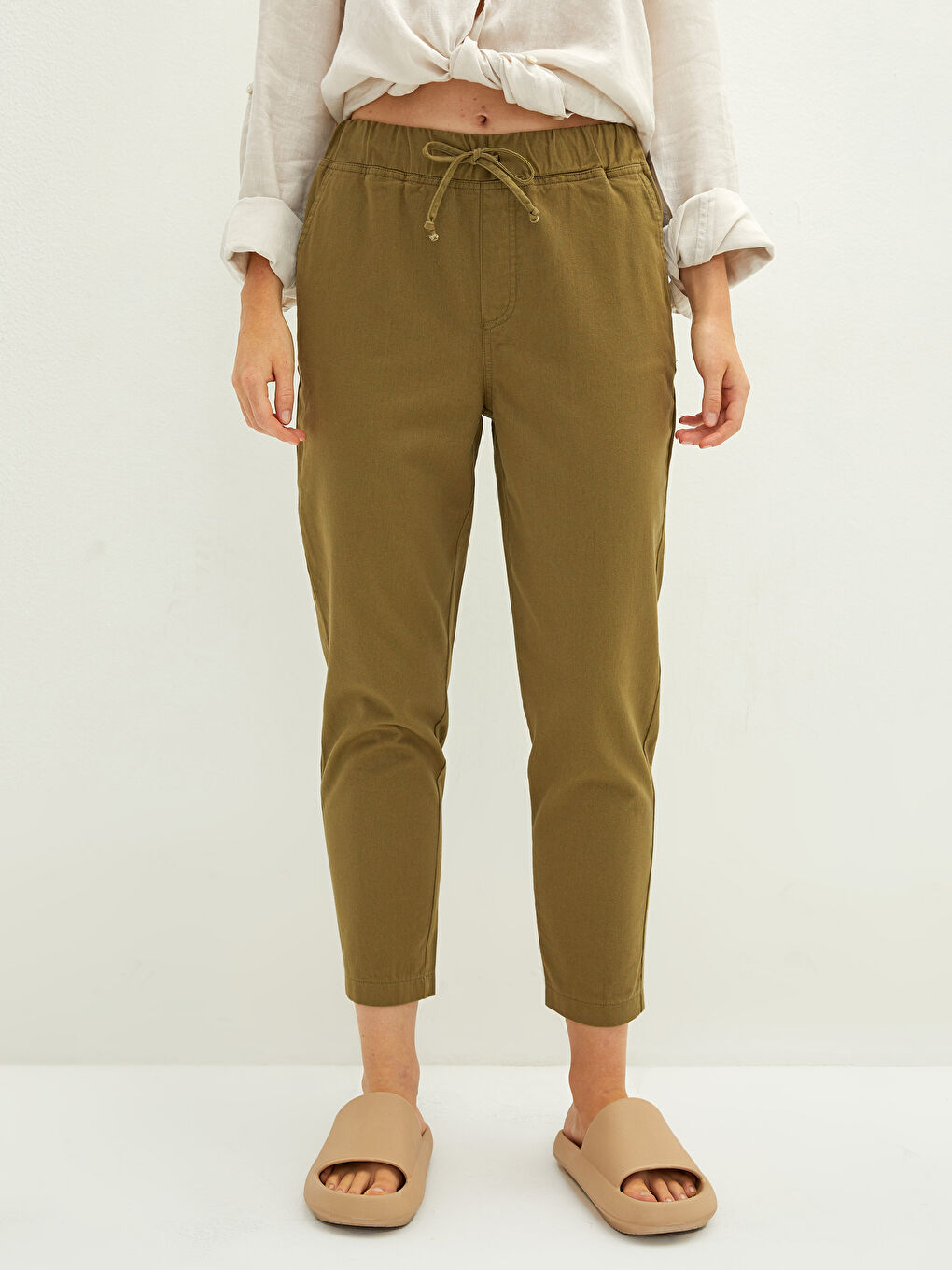 Elastic Waist Straight Pocket Detailed Cotton Women's Trousers-3