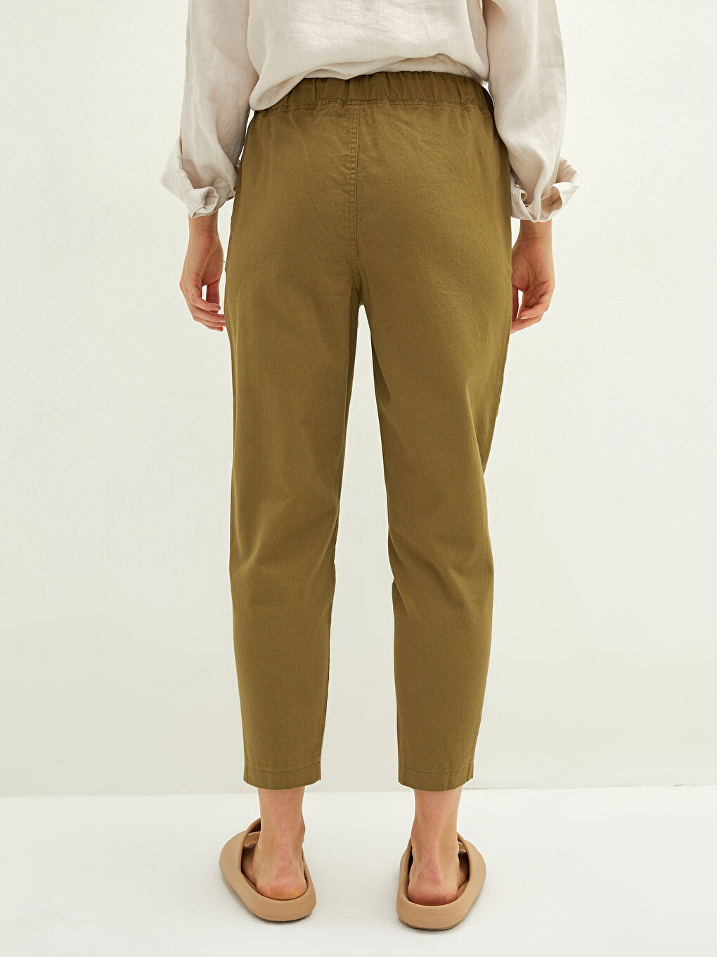 Elastic Waist Straight Pocket Detailed Cotton Women's Trousers-4