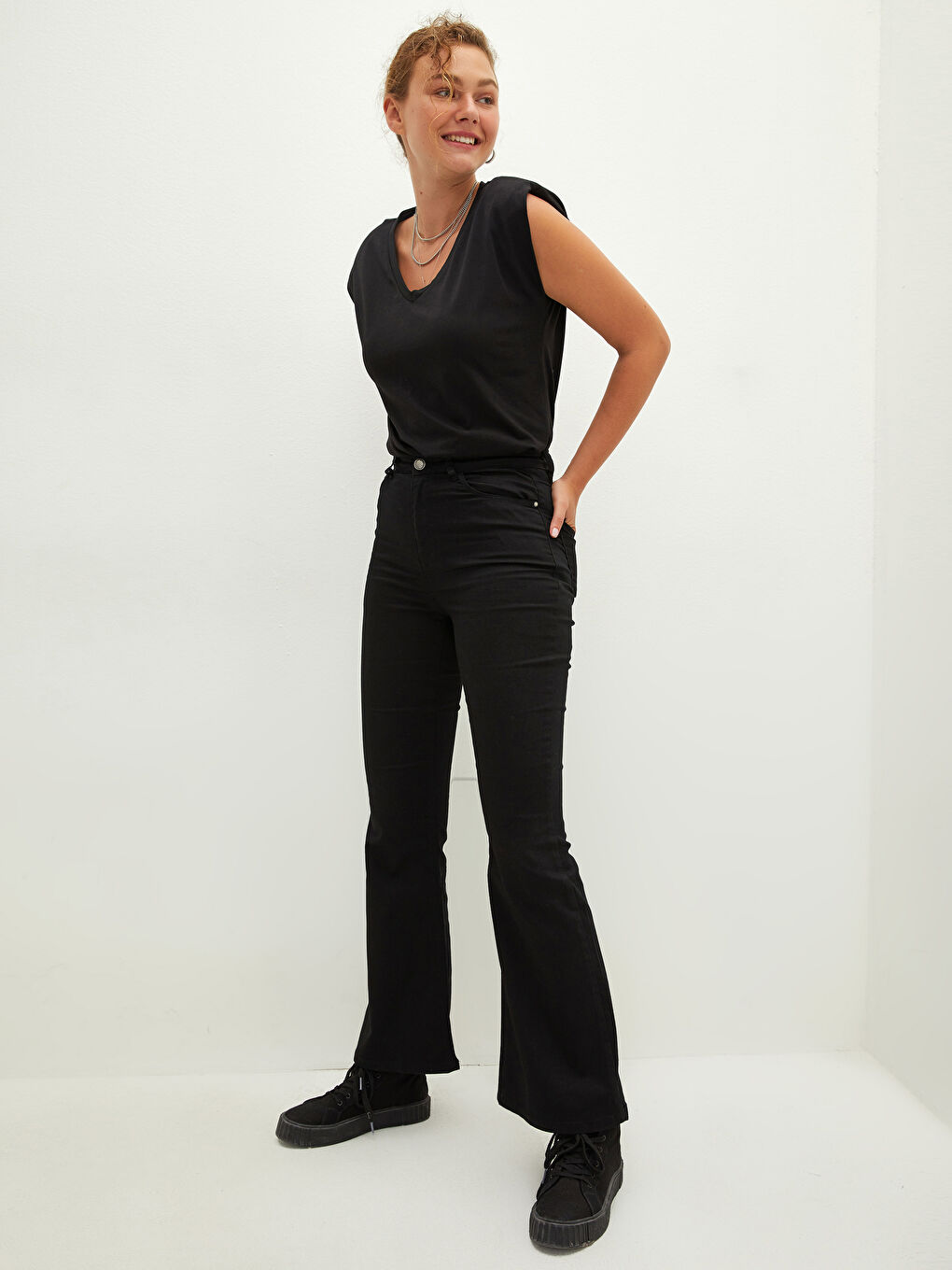 Normal Waist Tight Fit Flared Women's Trousers-1