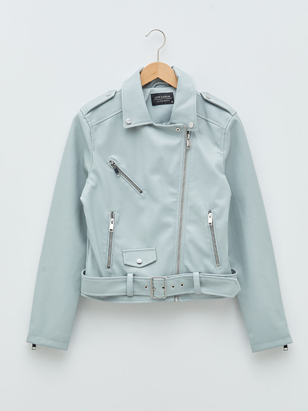 Mavi Biker Yaka Düz Fermuar Kapamalı Cep Detaylı Kadın Deri Görünümlü Mont-5