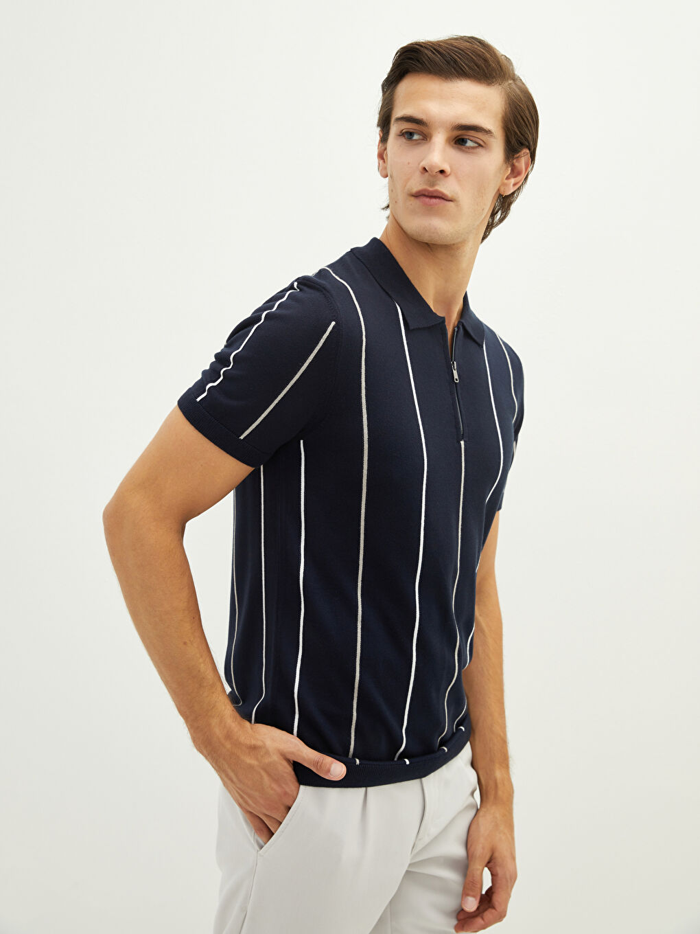 Lacivert Polo Yaka Çizgili Erkek Triko Tişört