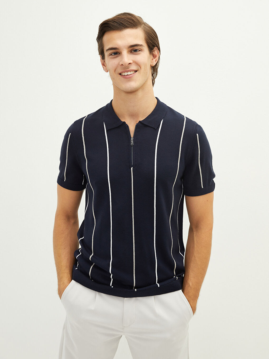 Lacivert Polo Yaka Çizgili Erkek Triko Tişört-1