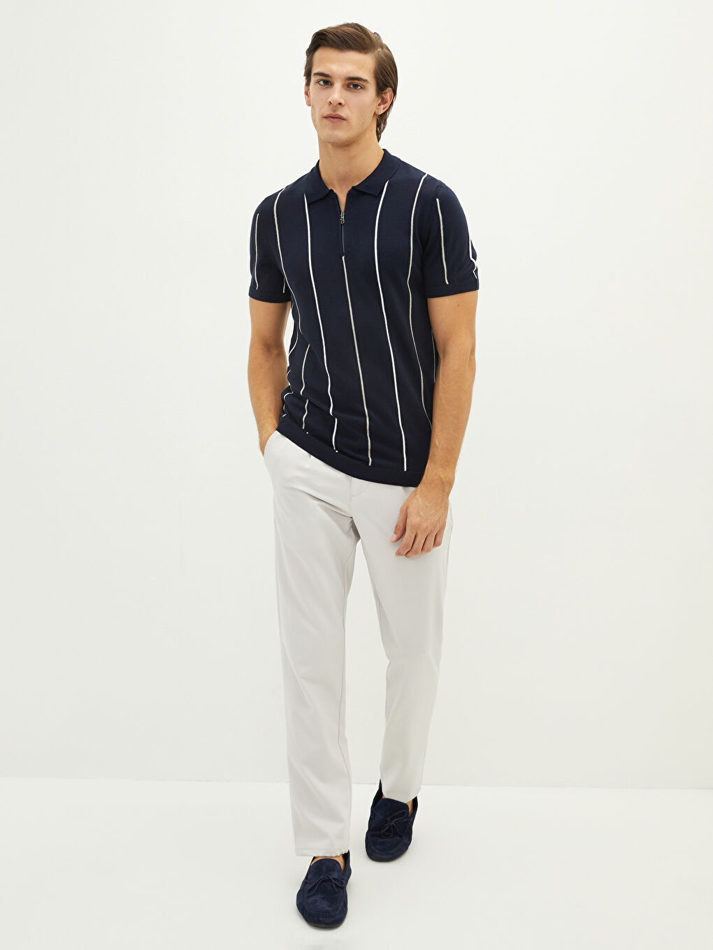 Lacivert Polo Yaka Çizgili Erkek Triko Tişört-2