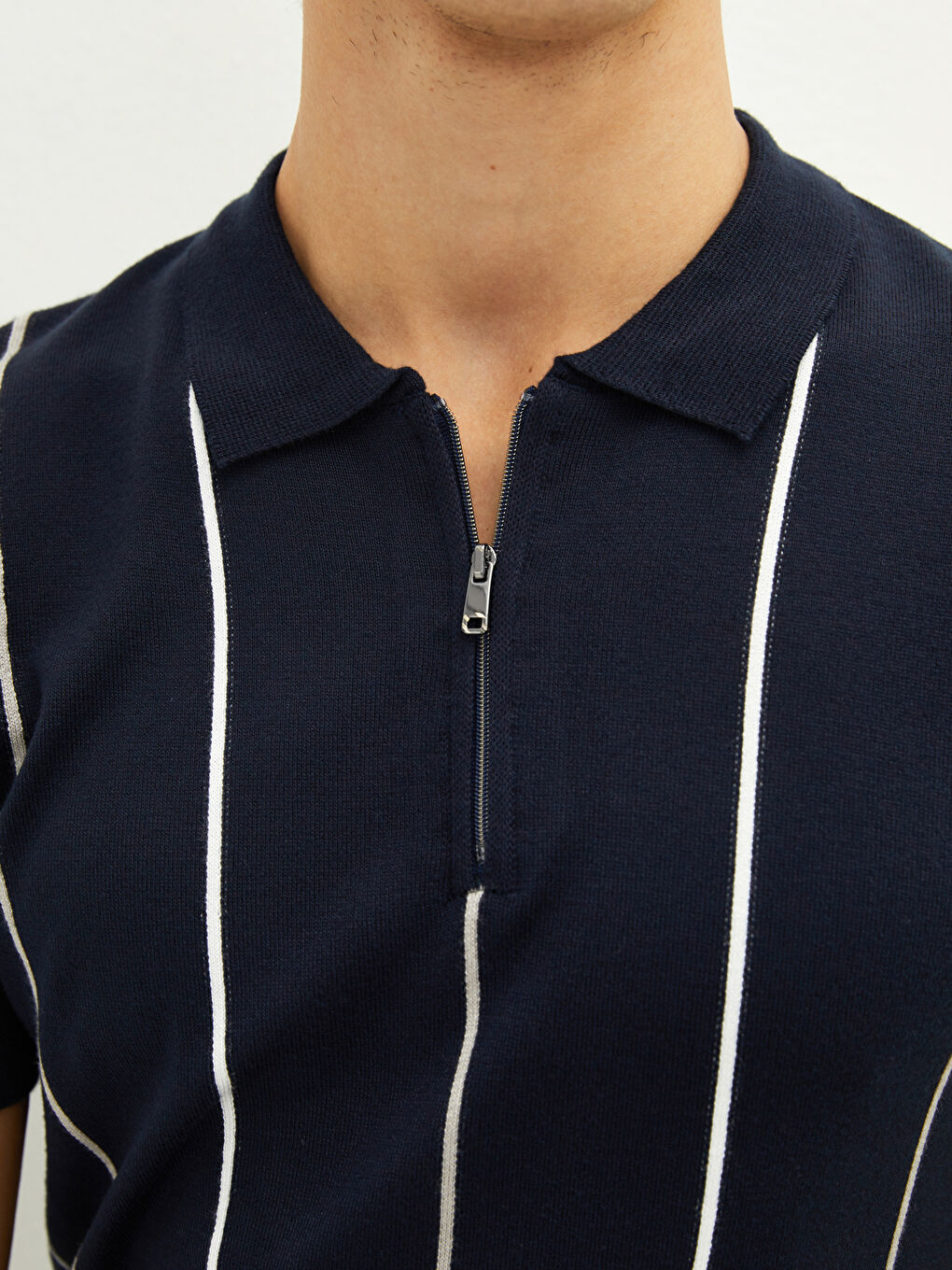 Lacivert Polo Yaka Çizgili Erkek Triko Tişört-3