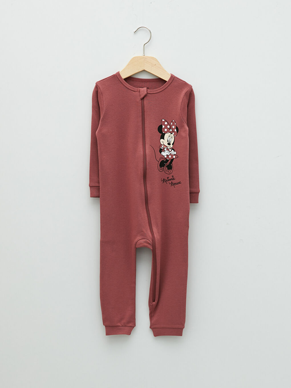 Crew Neck Long Sleeve Minnie Mouse Printed Baby Girl Zipper Jumpsuit