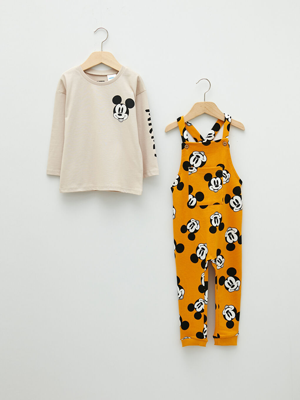 Crew Neck Long Sleeve Mickey Mouse Printed Cotton Baby Boy T-Shirt and Salopet 2-Pack Set
