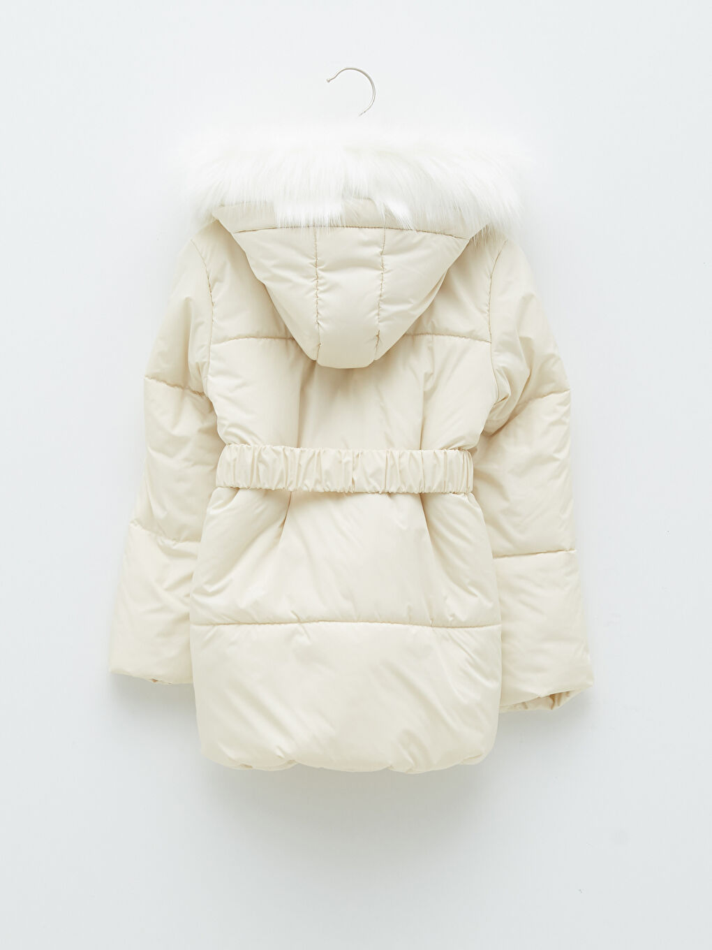 Bej Tüylü Kapüşonlu Kız Çocuk Basic Mont-1