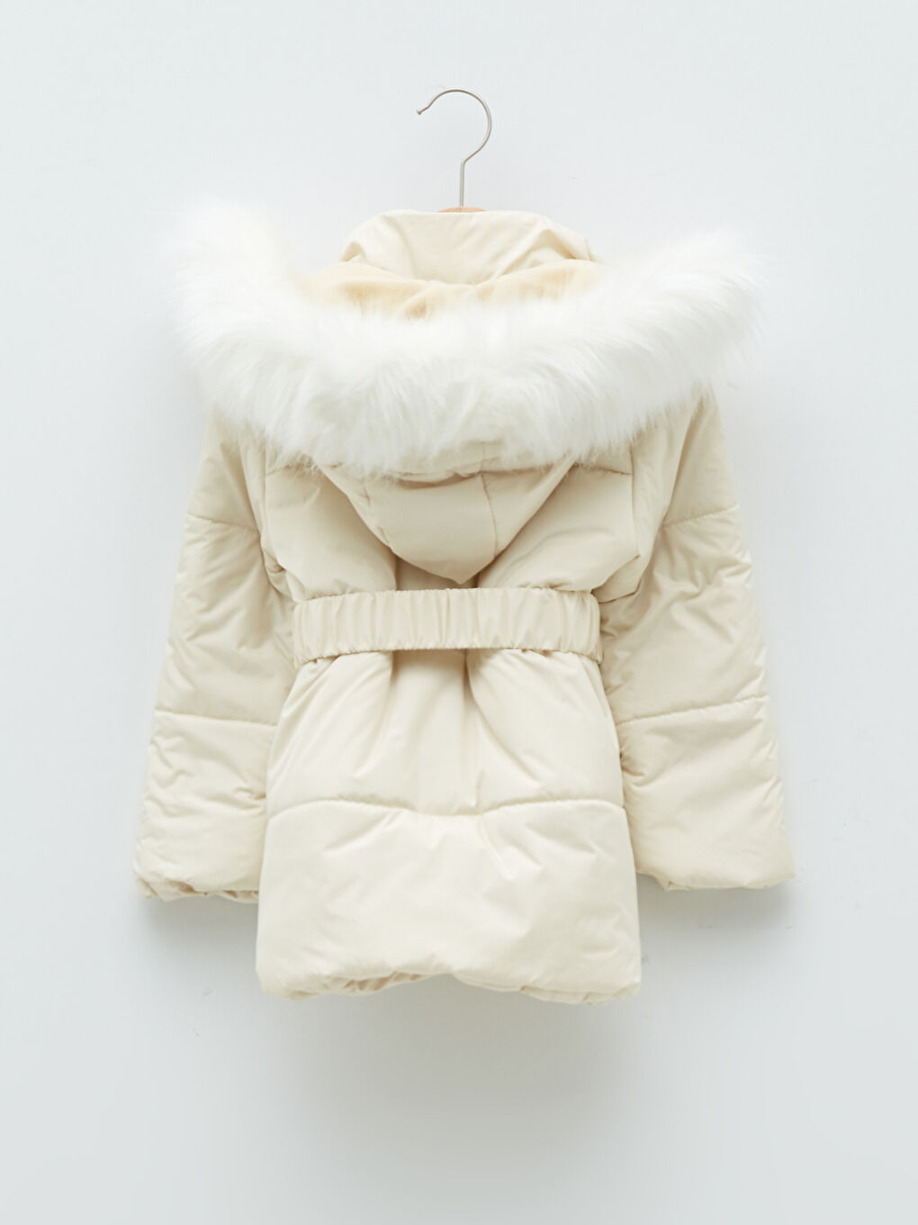 Bej Tüylü Kapüşonlu Kız Çocuk Basic Mont-2