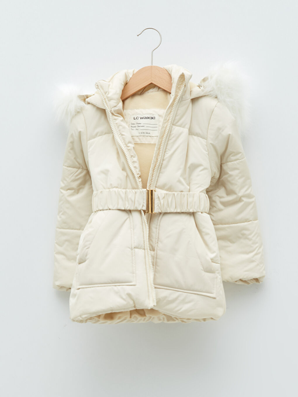 Bej Tüylü Kapüşonlu Kız Çocuk Basic Mont-3