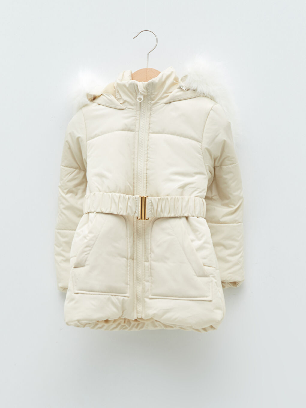 Bej Tüylü Kapüşonlu Kız Çocuk Basic Mont