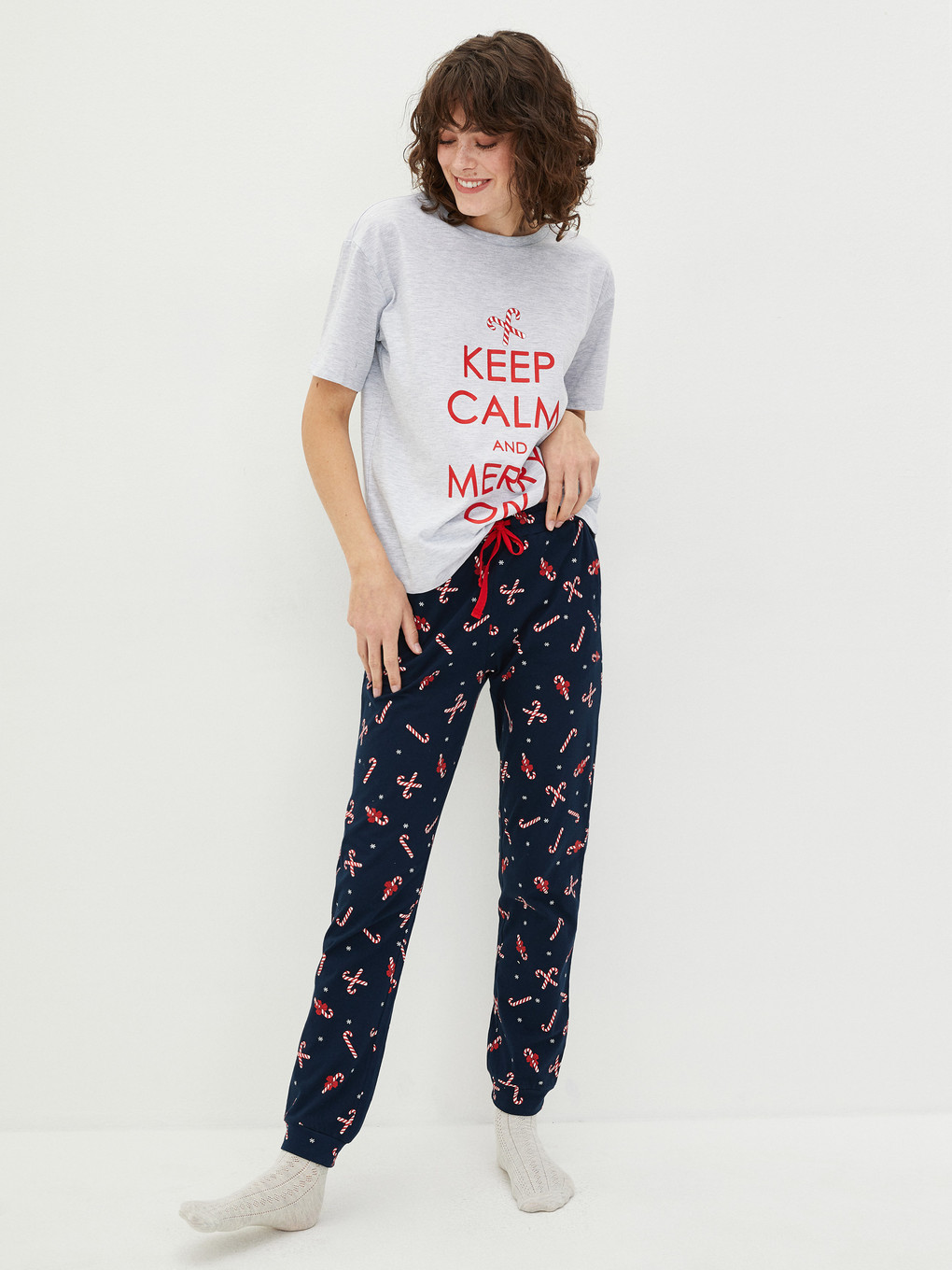 Lacivert Bisiklet Yaka Yılbaşı Temalı Kısa Kollu Kadın Pijama Takımı-2