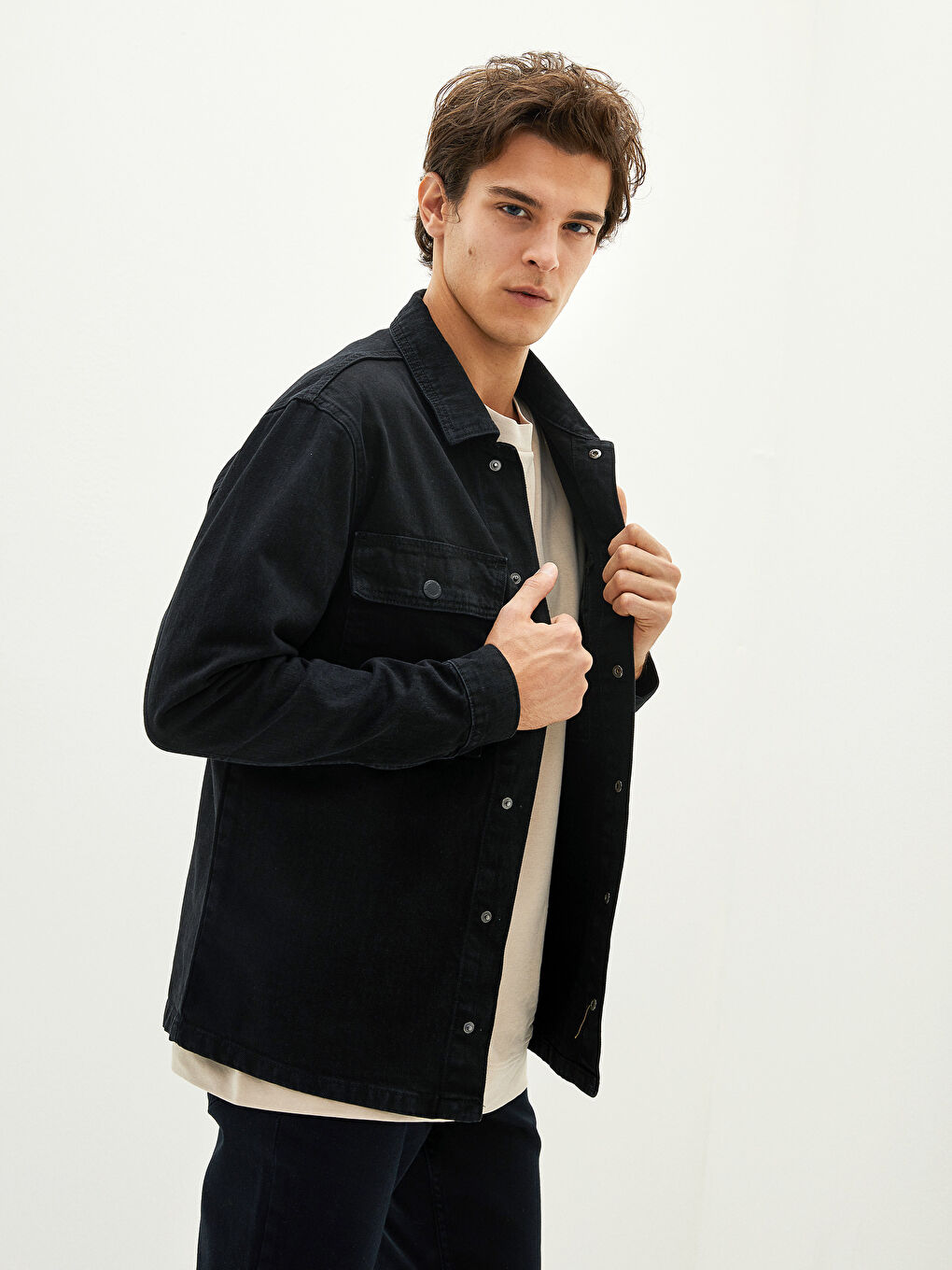 Siyah Rahat Kalıp Erkek Jean Ceket-1