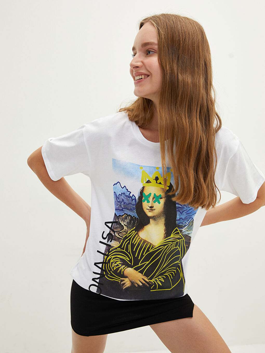 Crew Neck Mona Lisa Printed Short Sleeve Cotton Women's T-Shirt-1