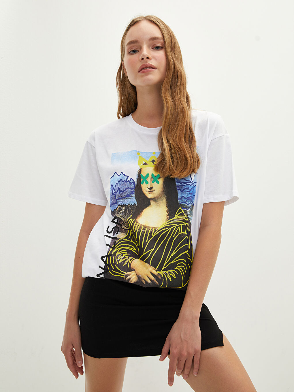 Crew Neck Mona Lisa Printed Short Sleeve Cotton Women's T-Shirt-2