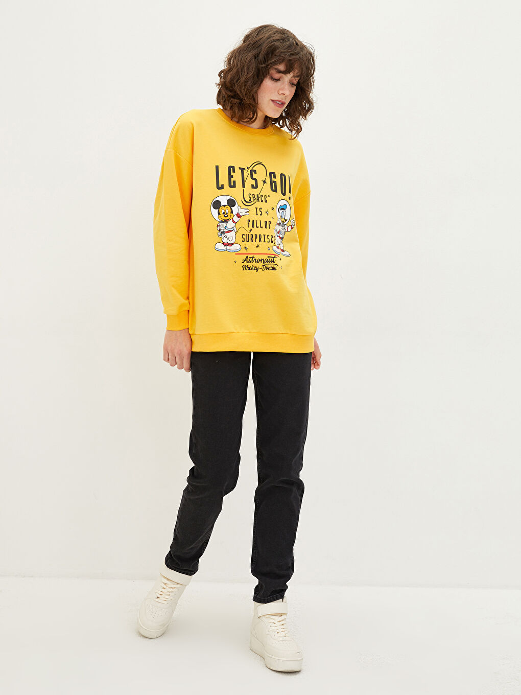 Bisiklet Yaka Mickey Mouse Baskılı Uzun Kollu Kadın Sweatshirt-2
