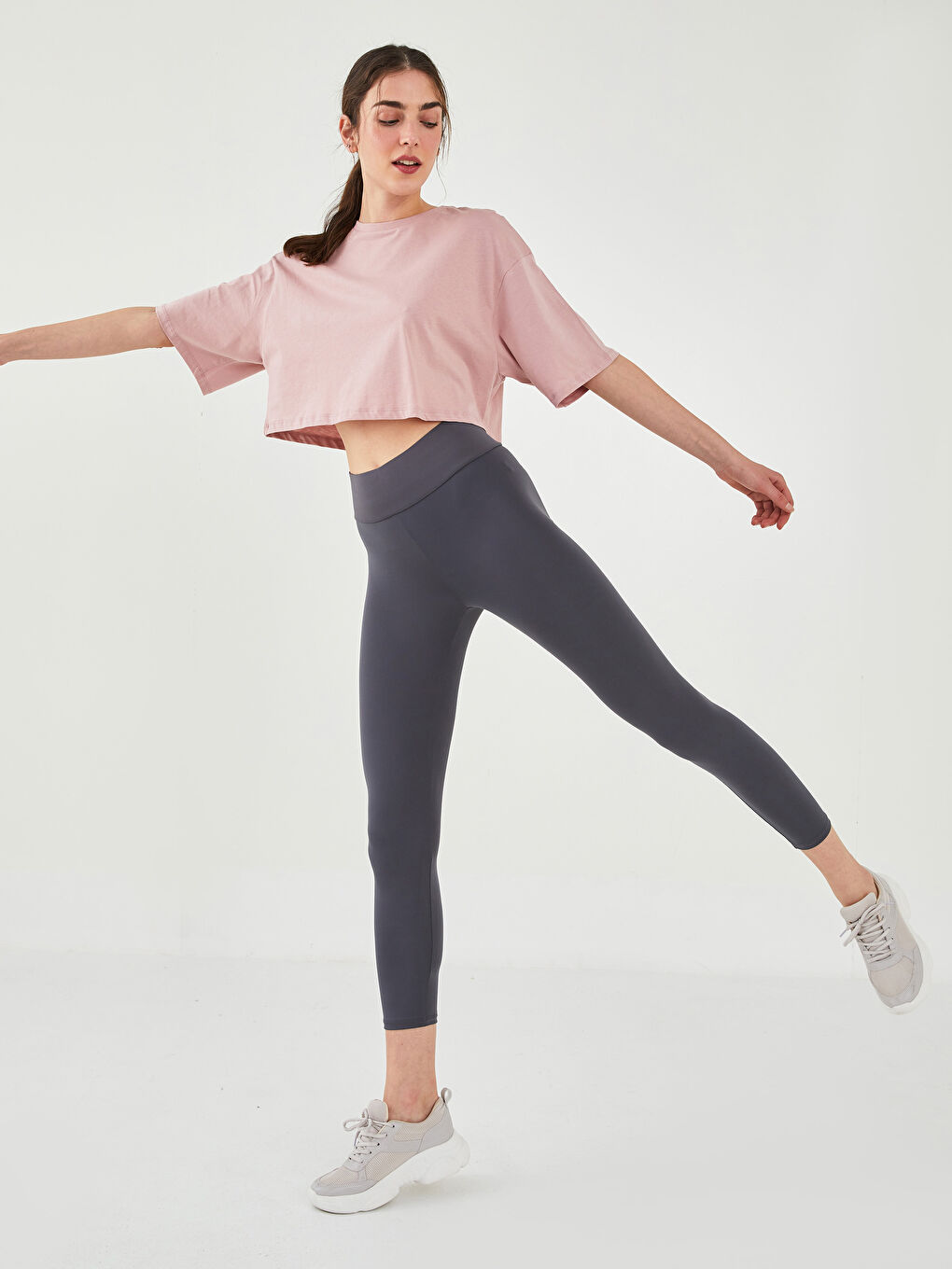 Antrasit Kadın Beli Lastikli Düz Tayt-1