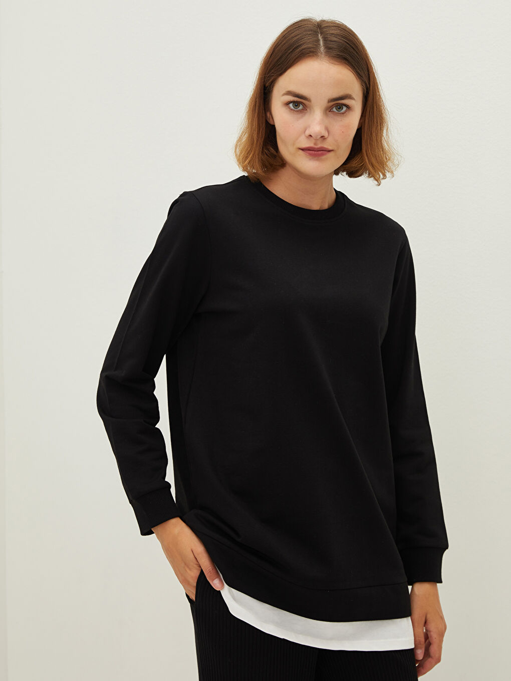 Crew Neck Plain Long Sleeve Women's Sweatshirt Tunic