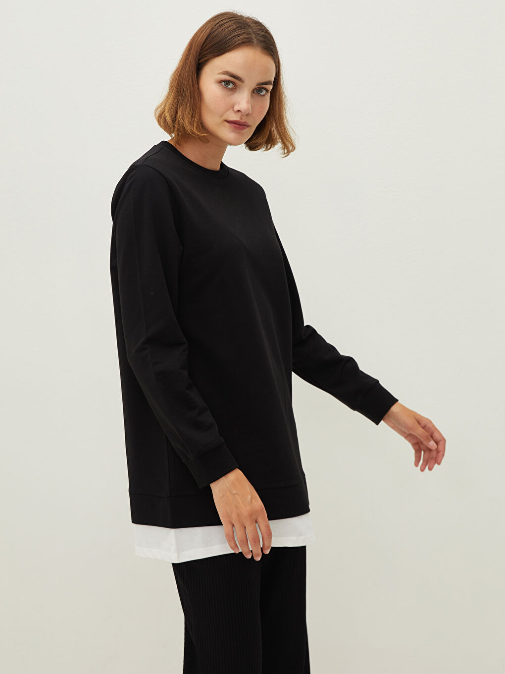 Crew Neck Plain Long Sleeve Women's Sweatshirt Tunic-1