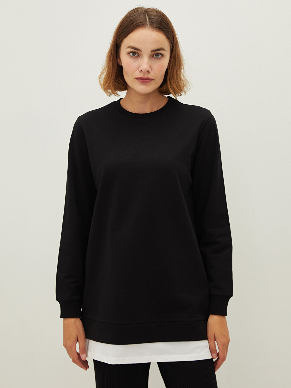 Crew Neck Plain Long Sleeve Women's Sweatshirt Tunic-2