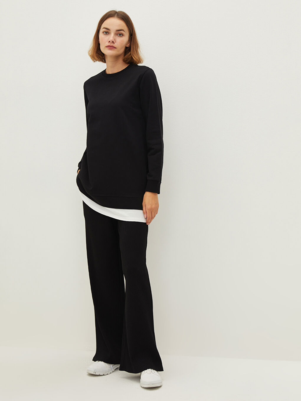 Crew Neck Plain Long Sleeve Women's Sweatshirt Tunic-3