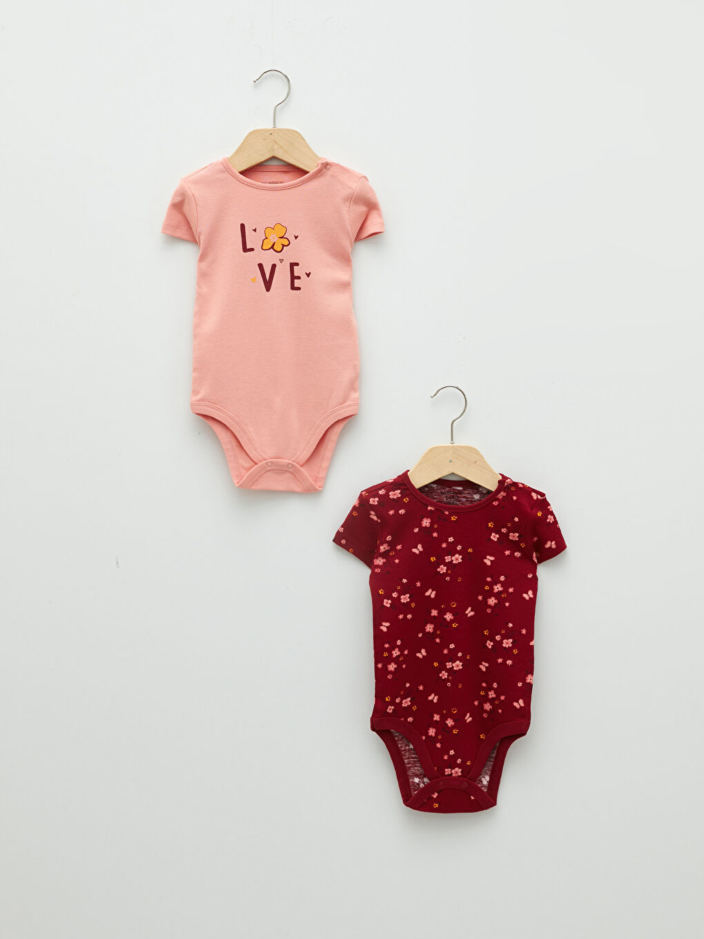 Pembe Bisiklet Yaka Kısa Kollu Pamuklu Kız Bebek Çıtçıtlı Body 2'li