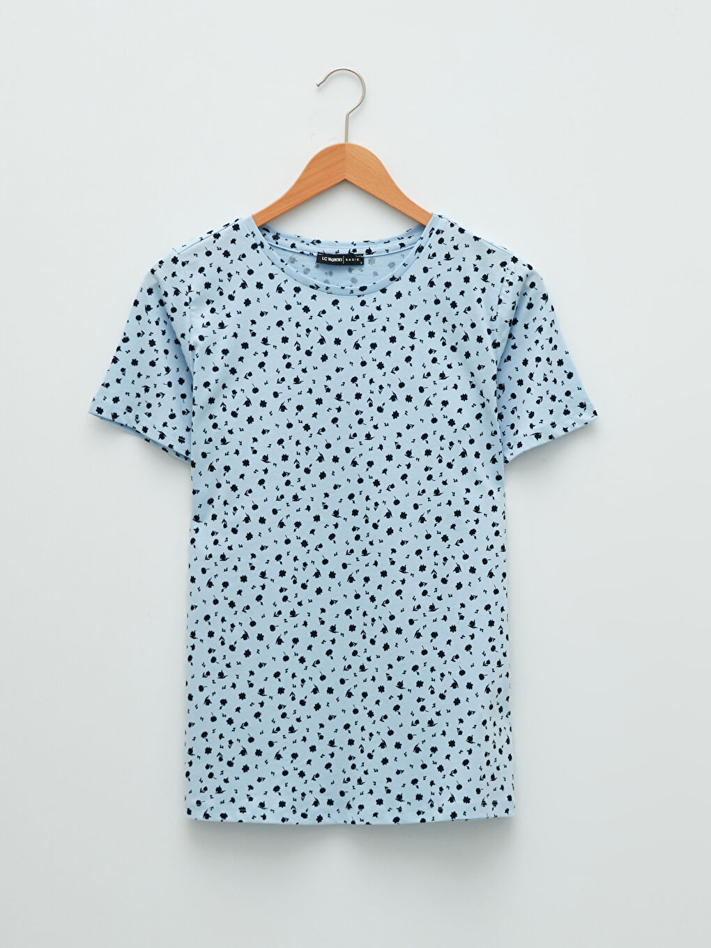 Mavi Bisiklet Yaka Çiçekli Kısa Kollu Pamuklu Kadın Tişört-5