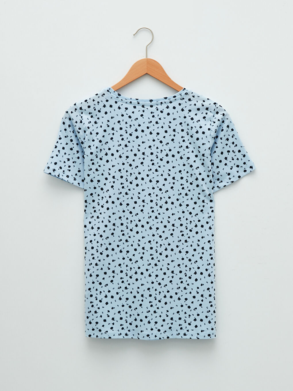 Mavi Bisiklet Yaka Çiçekli Kısa Kollu Pamuklu Kadın Tişört-6