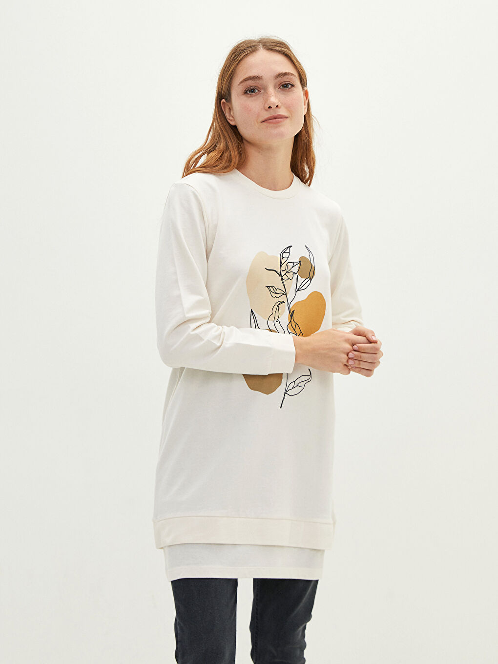 LCWAIKIKI Basic Rundhalsausschnitt Bedruckt Langarm Damen Sweatshirt-Tunika -W1CY49Z8-FEW
