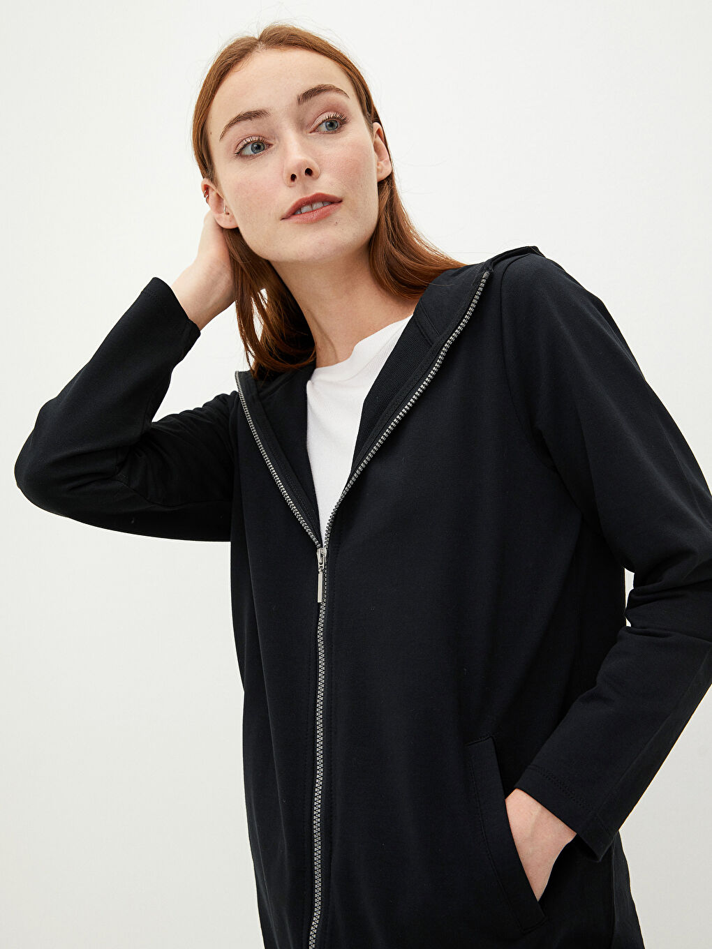 Hooded Plain Long Sleeve Cotton Women's Sports Cardigan-1
