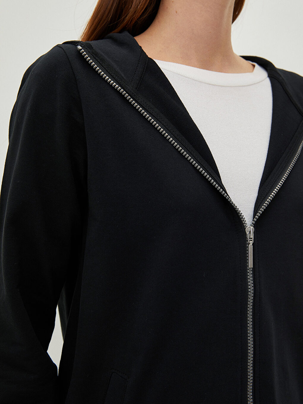 Hooded Plain Long Sleeve Cotton Women's Sports Cardigan-2