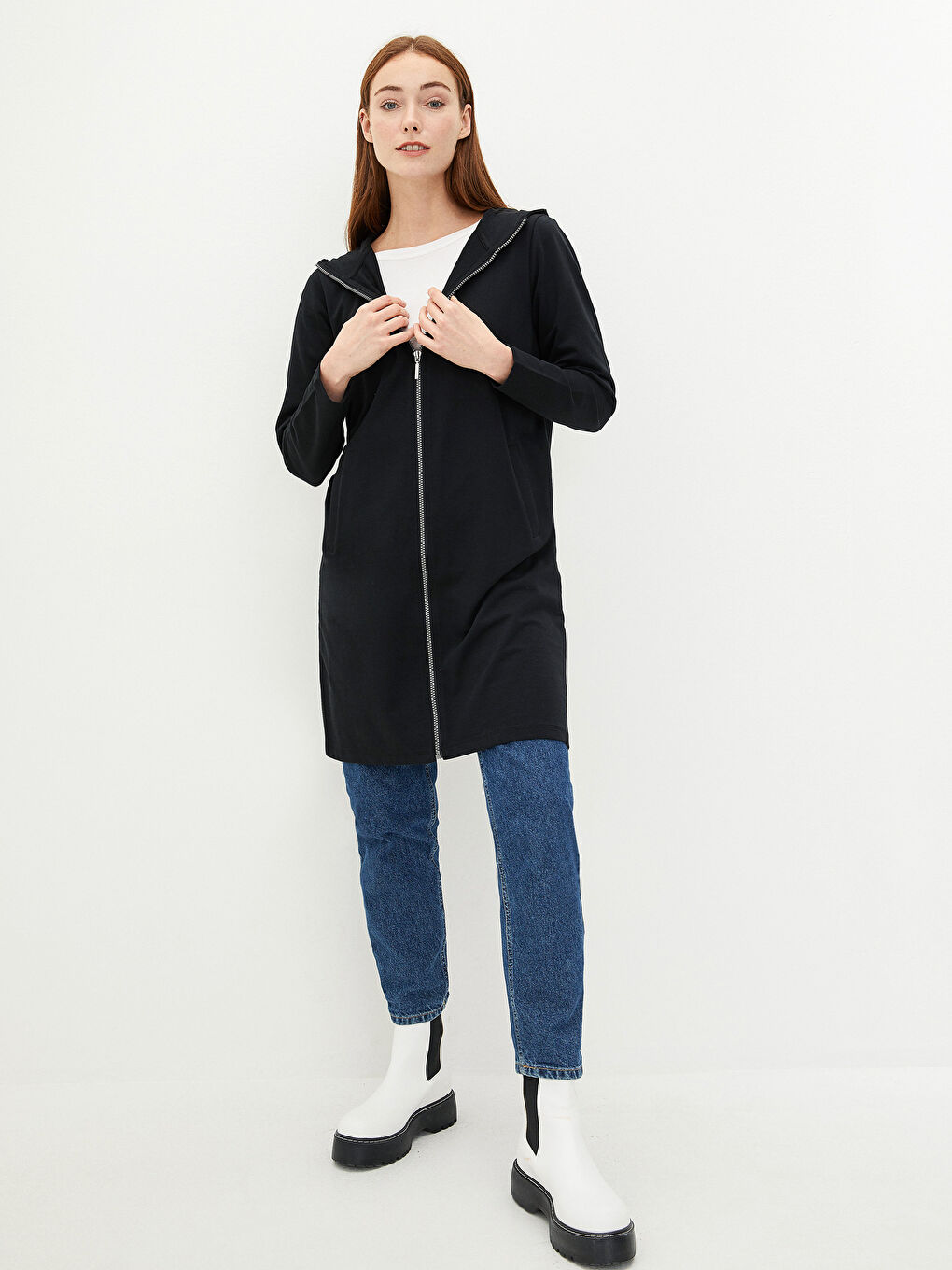 Hooded Plain Long Sleeve Cotton Women's Sports Cardigan-3