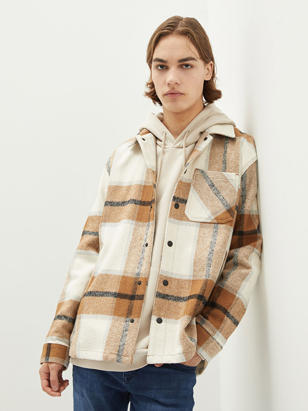 Palton Subțire cu Guler de Cămașă, Fit Relaxat, Carouri, pentru Bărbați