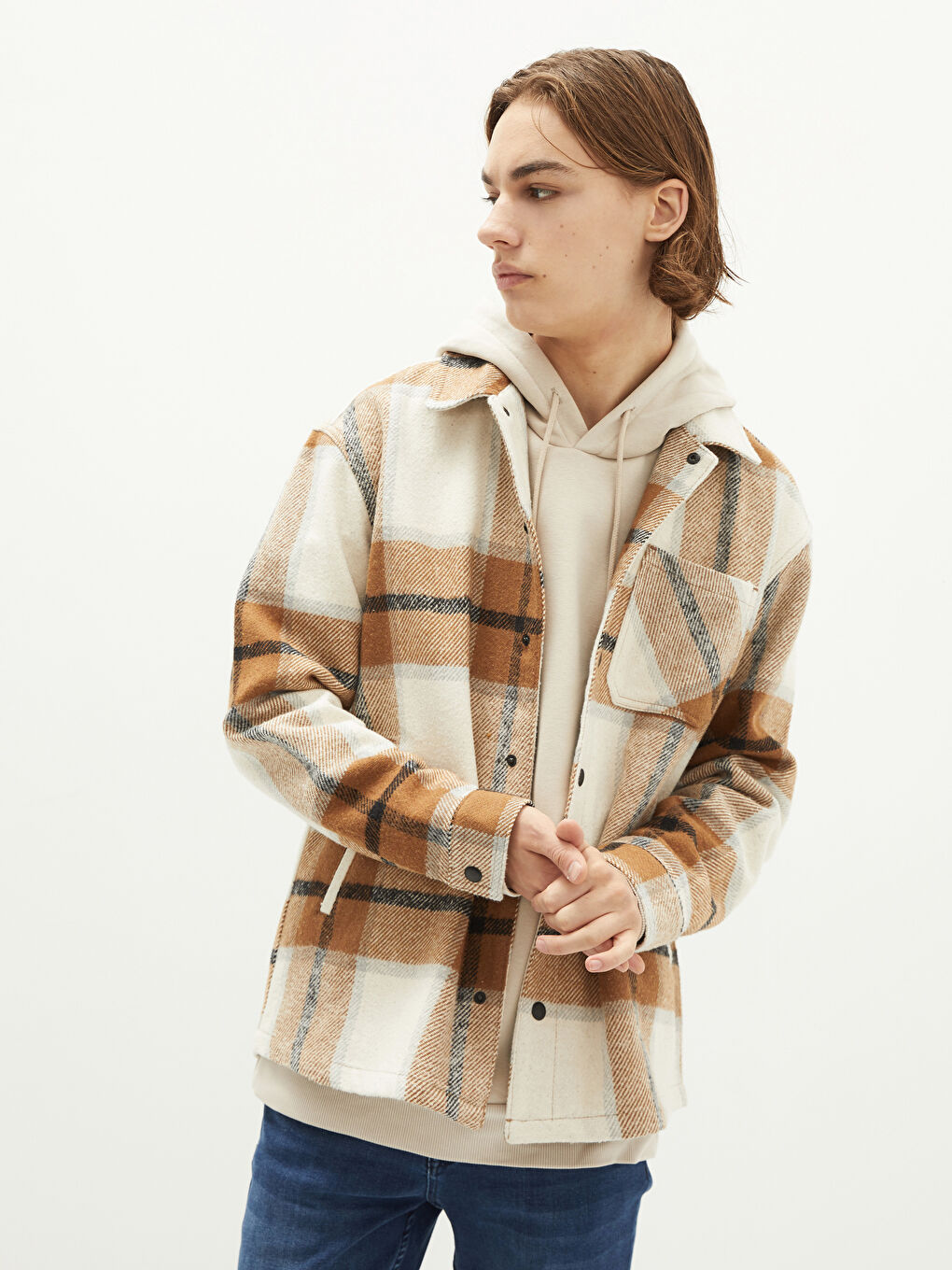 Palton Subțire cu Guler de Cămașă, Fit Relaxat, Carouri, pentru Bărbați-1