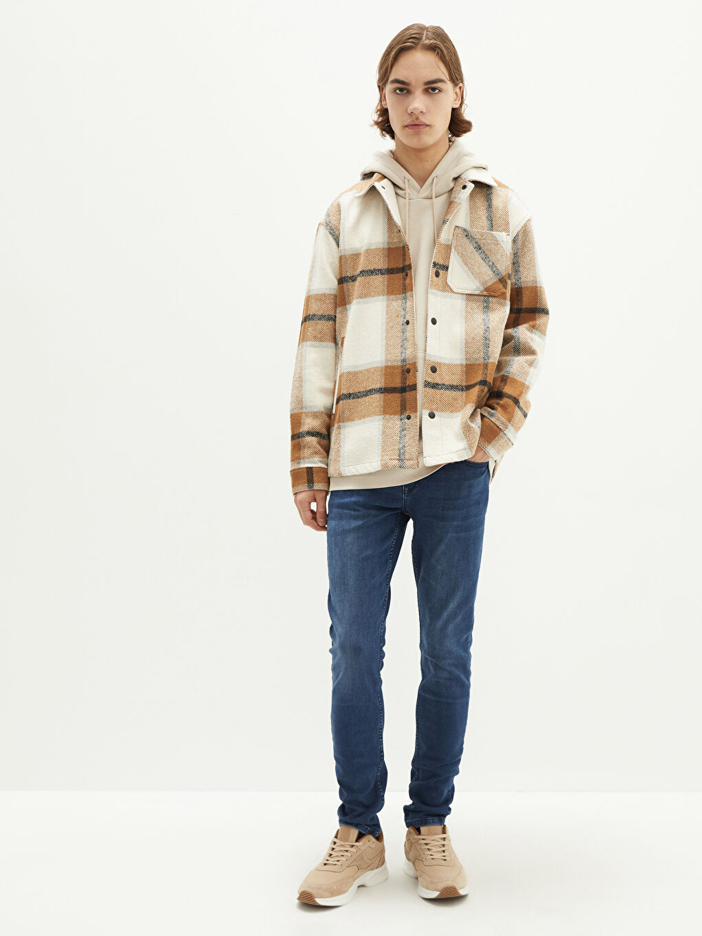 Palton Subțire cu Guler de Cămașă, Fit Relaxat, Carouri, pentru Bărbați-2