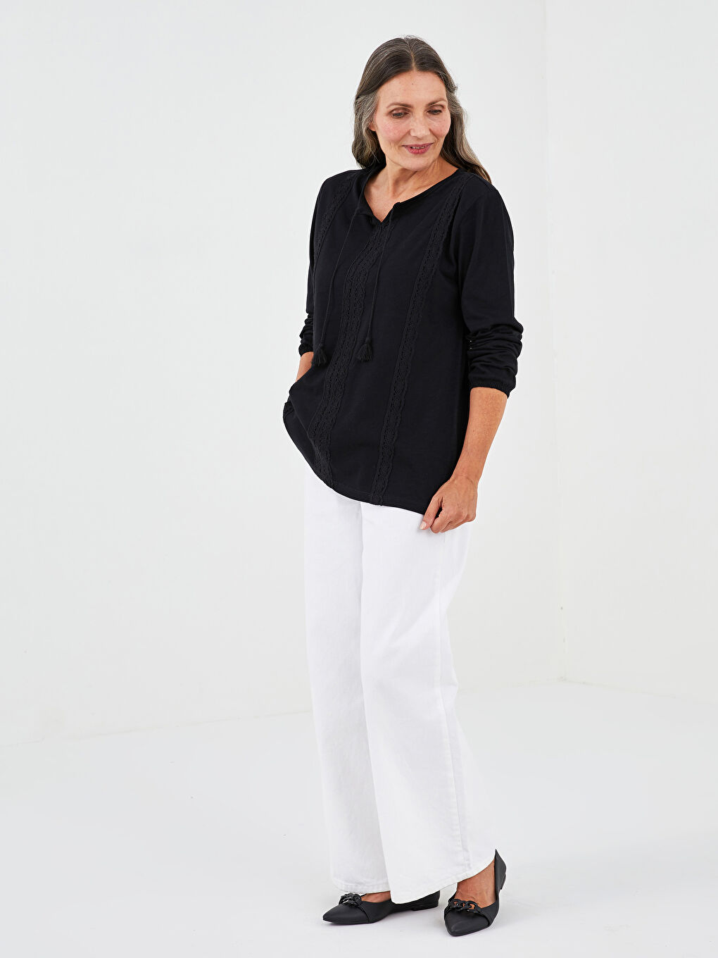 Tie Collar Embroidered Long Sleeve Cotton Women's Blouse-2