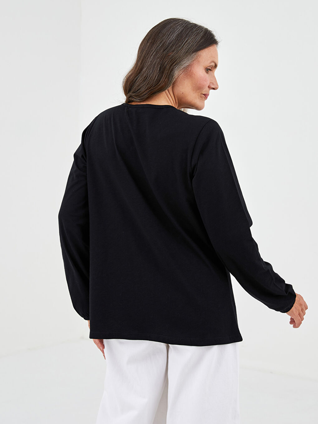 Tie Collar Embroidered Long Sleeve Cotton Women's Blouse-3