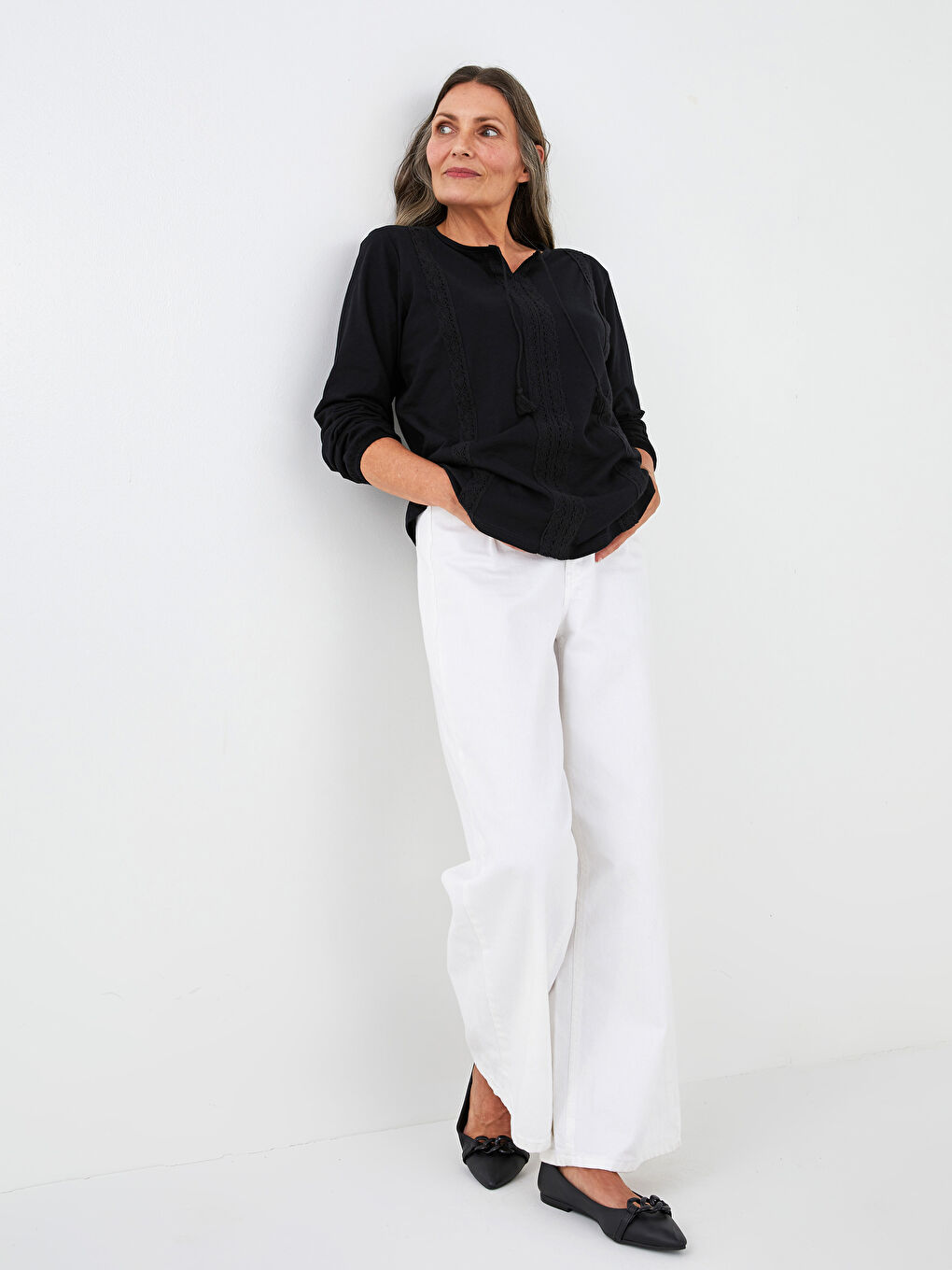 Tie Collar Embroidered Long Sleeve Cotton Women's Blouse-4