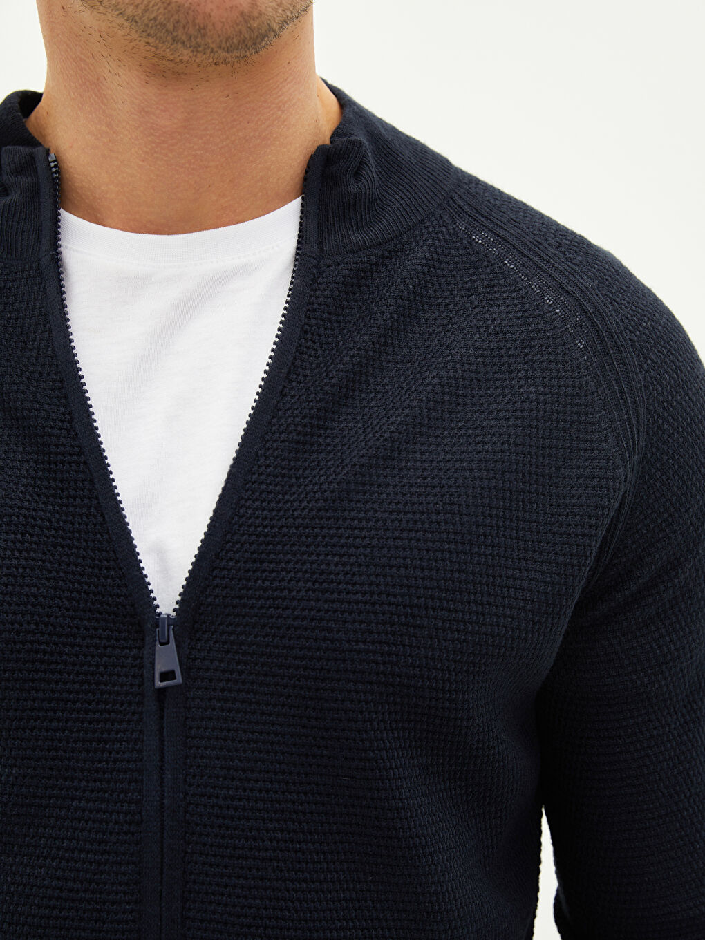 Lacivert Standart Kalıp Dik Yaka Uzun Kollu Erkek Triko Hırka-3