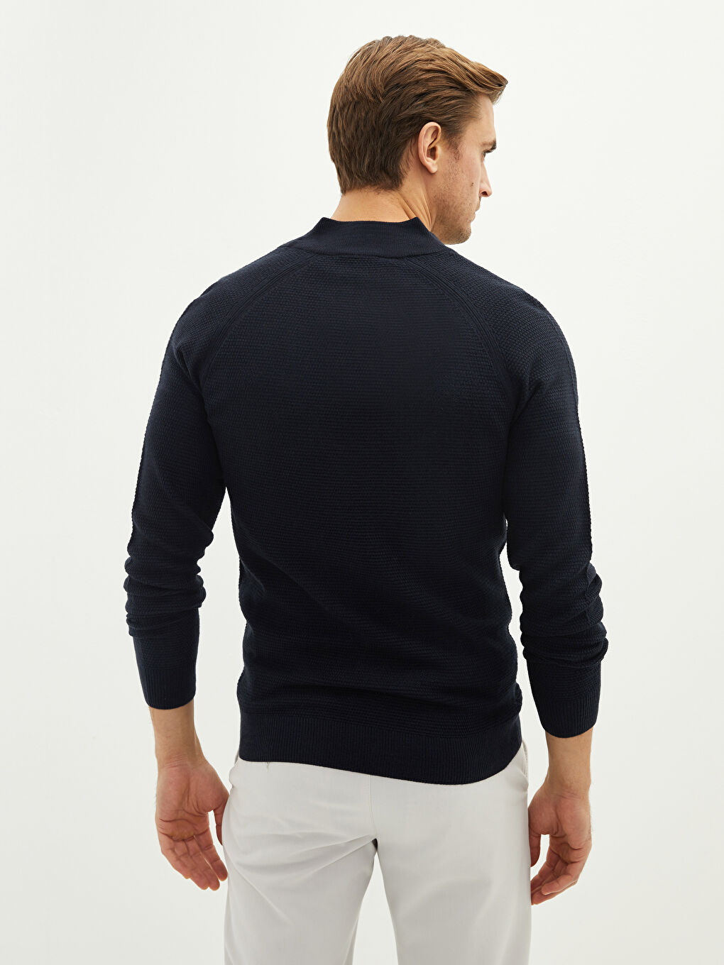 Lacivert Standart Kalıp Dik Yaka Uzun Kollu Erkek Triko Hırka-4