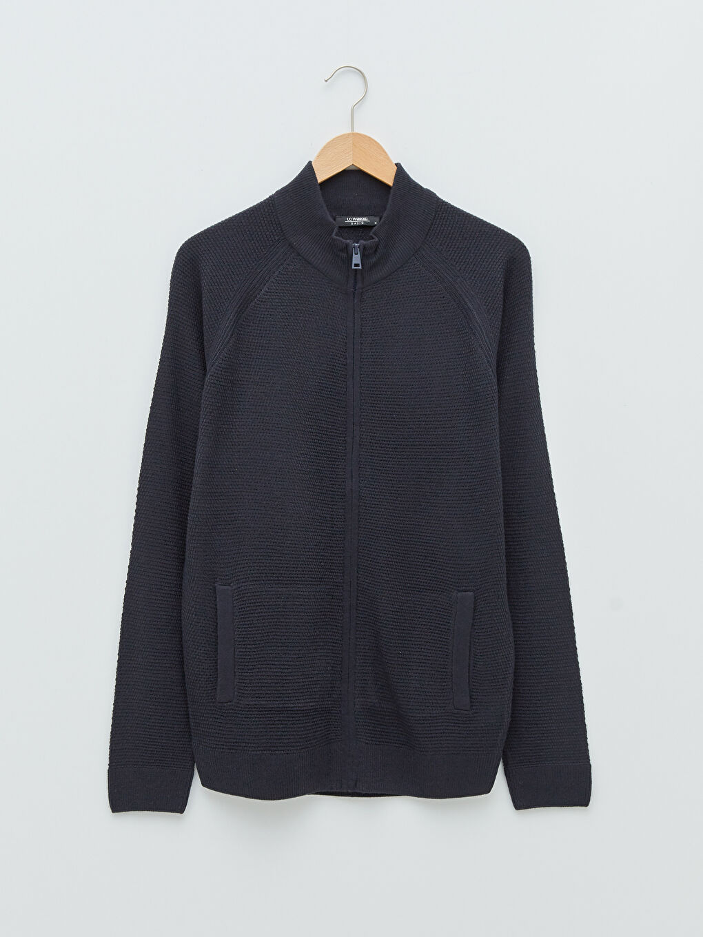 Lacivert Standart Kalıp Dik Yaka Uzun Kollu Erkek Triko Hırka-5